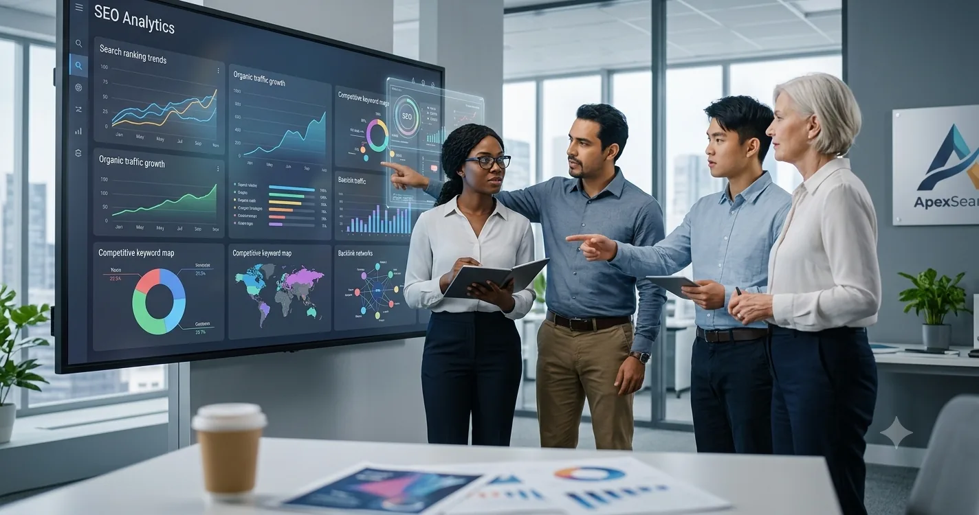 SEO team reviewing search analytics and growth data