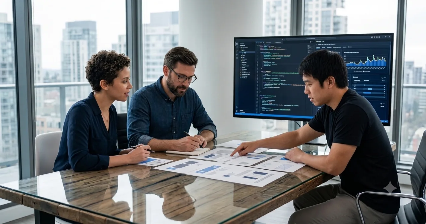 Web development team planning a website project