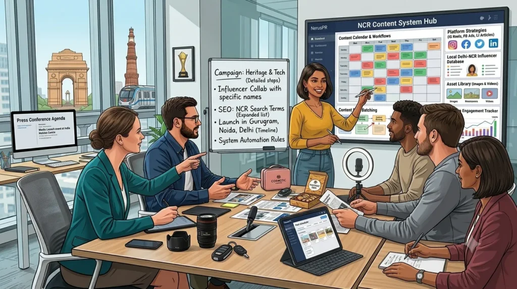 Social media team planning a content system for Delhi NCR businesses